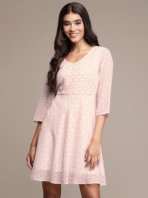 ziyaa white & pink floral print a-line dress