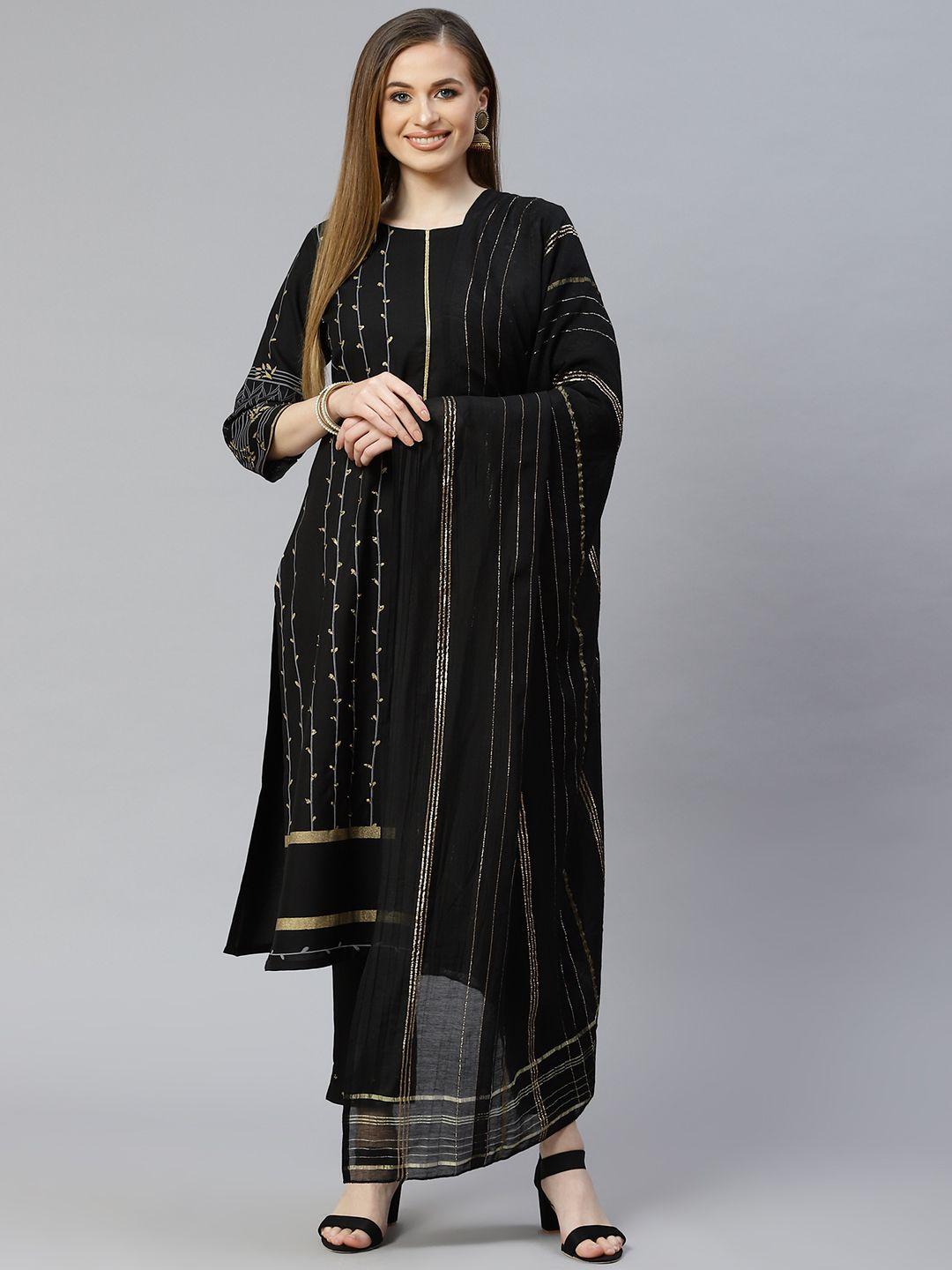 ziyaa women black & golden printed aari work kurta with trousers & dupatta