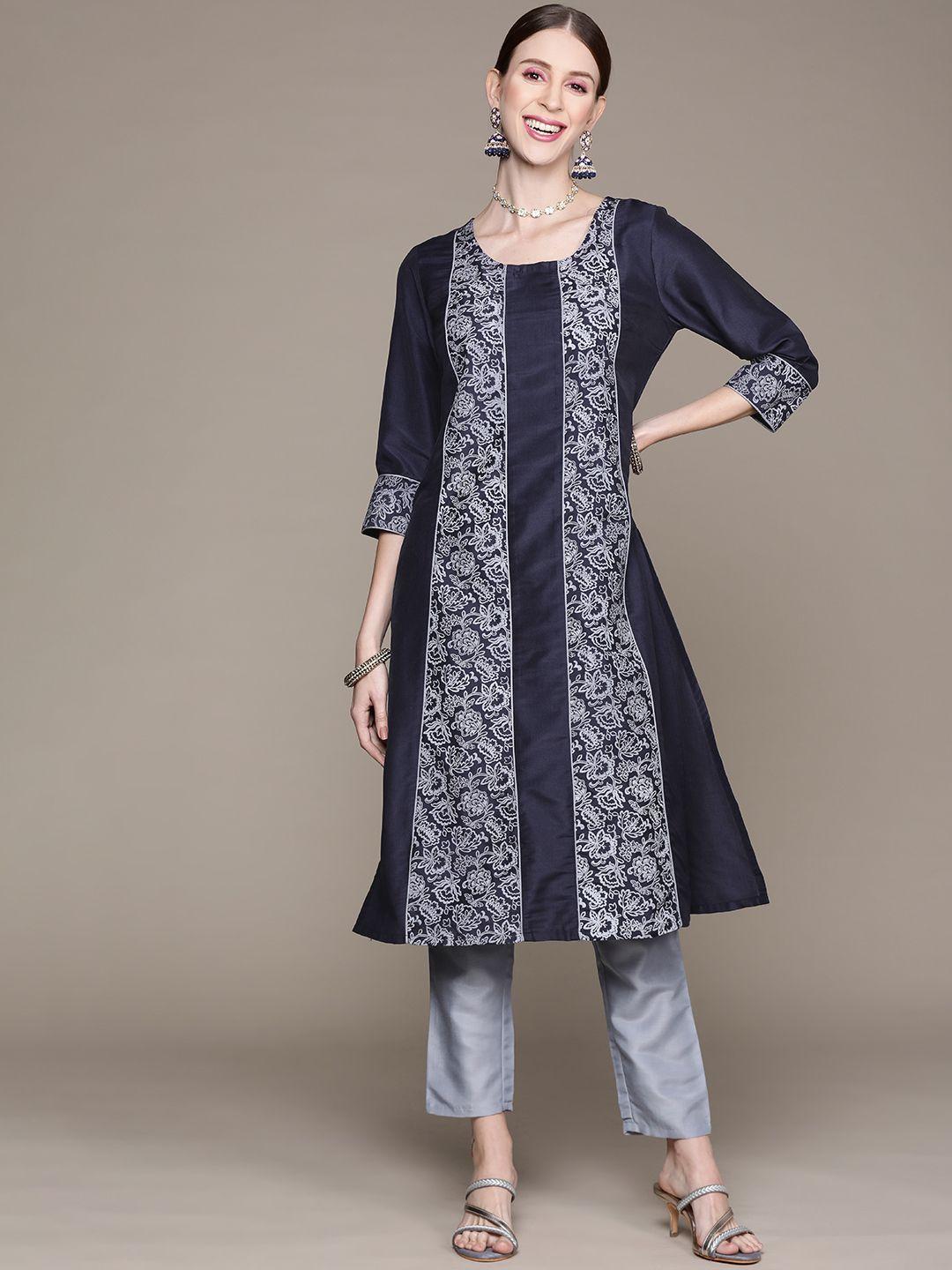 ziyaa women blue & grey ethnic motifs printed kurta with trousers