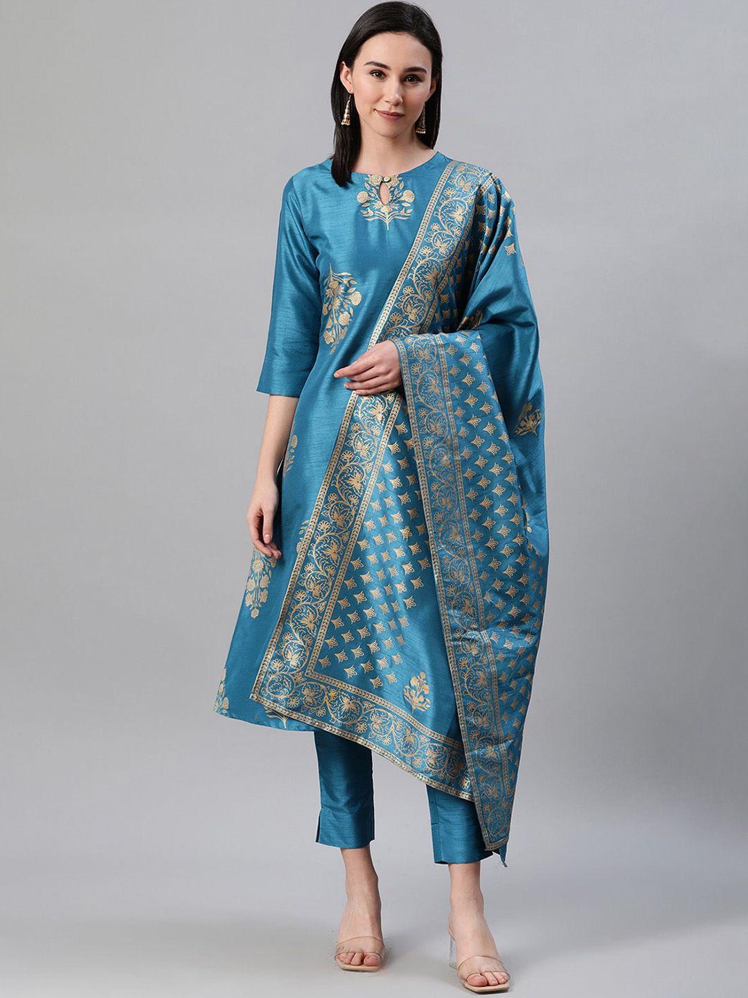 ziyaa women blue printed kurta with trousers & dupatta
