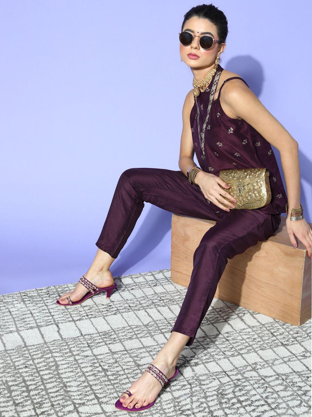 ziyaa-women-deep-burgundy-printed-top-with-solid-trousers