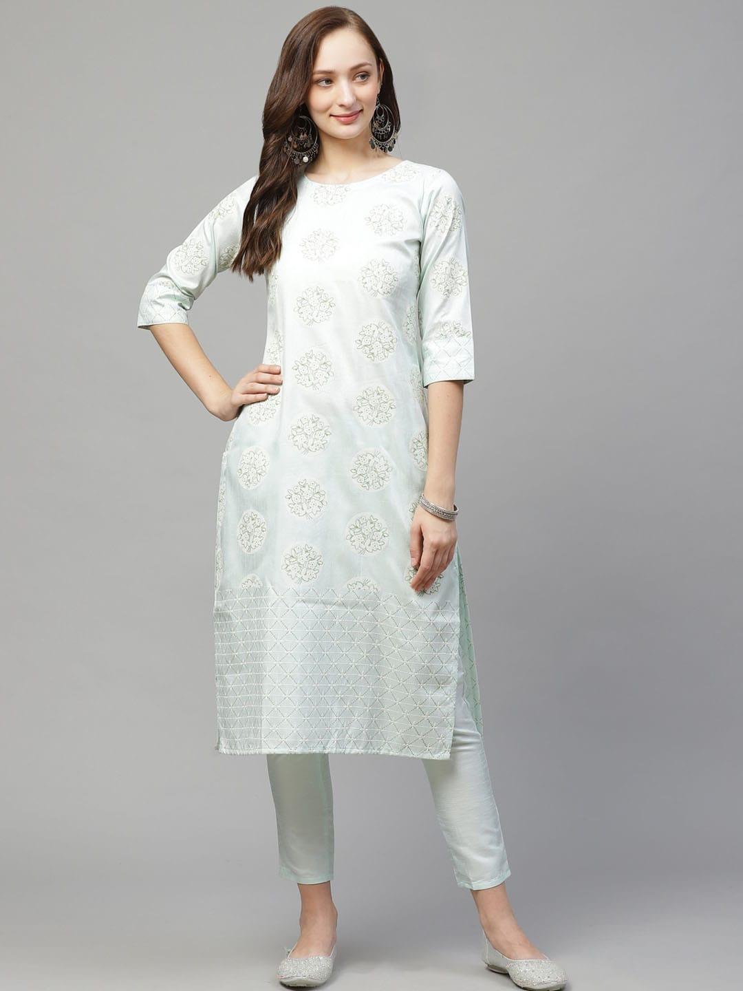 ziyaa women green & white self design kurta with trousers