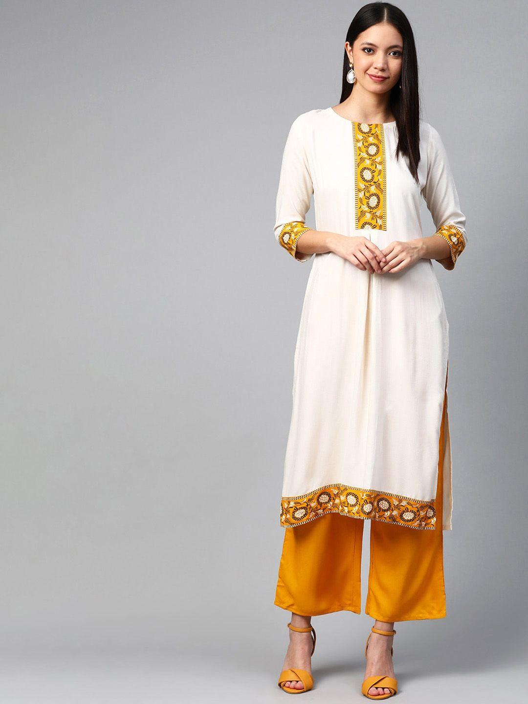 ziyaa women off-white yoke design straight kurta