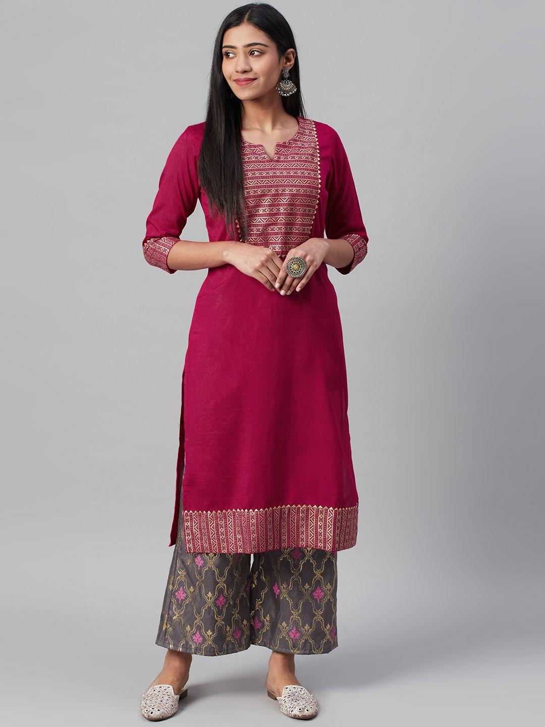 ziyaa women pink & grey foil print yoke design kurta with palazzos