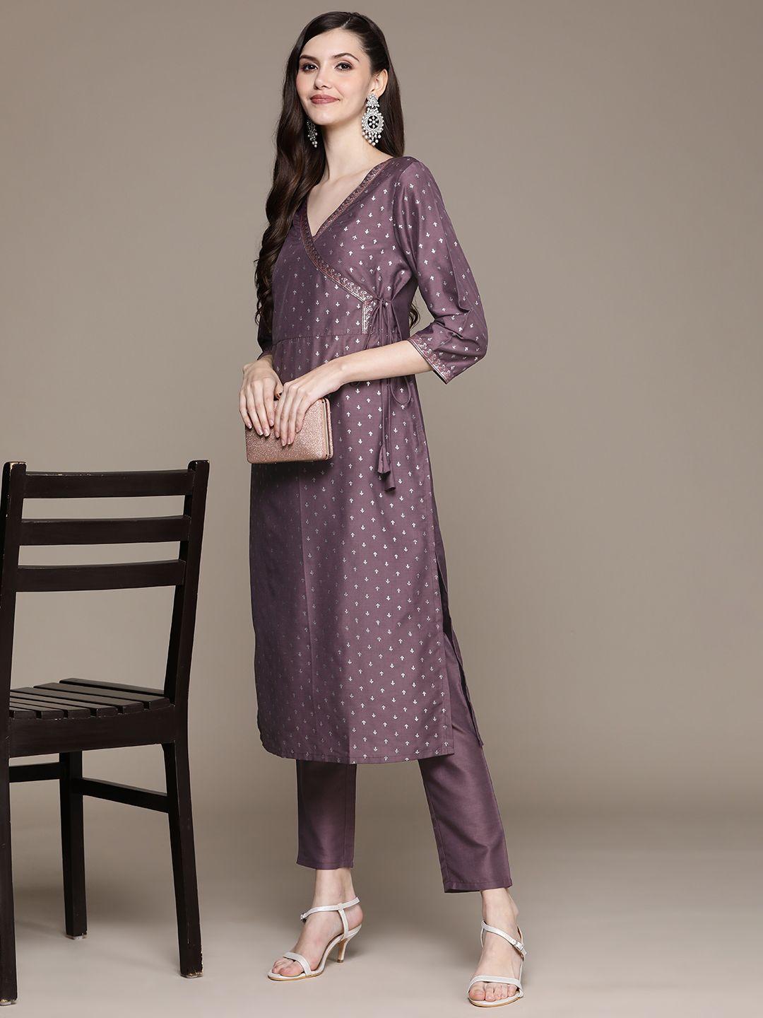 ziyaa women purple ethnic motifs printed kurta with trousers