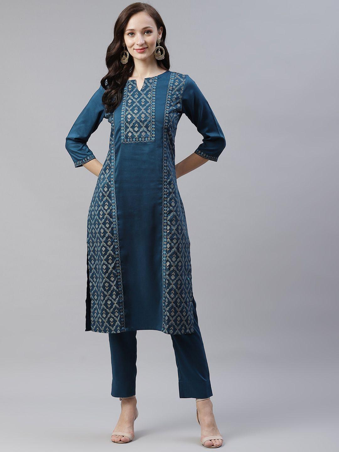 ziyaa women teal blue & golden ethnic motifs foil printed panelled kurta with trousers