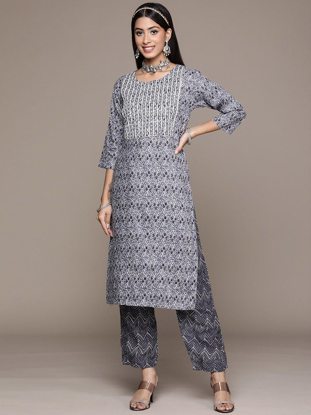 ziyaa abstract printed thread work kurta