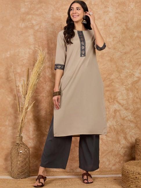 ziyaa beige & grey straight fit kurta palazzo set