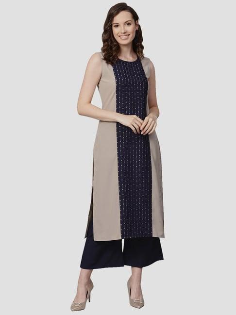 ziyaa beige & navy printed kurta palazzo set