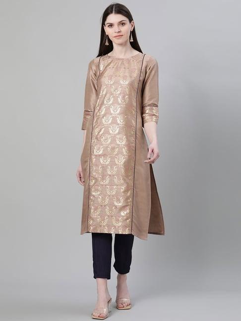 ziyaa beige & navy printed kurta pant set