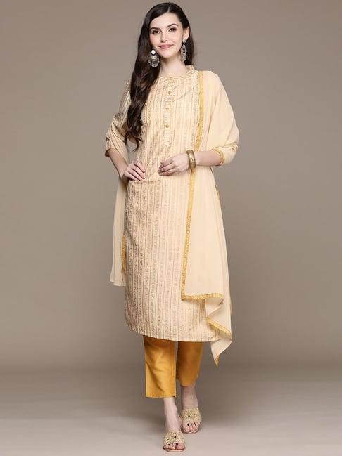 ziyaa beige & yellow printed kurta pant set with dupatta