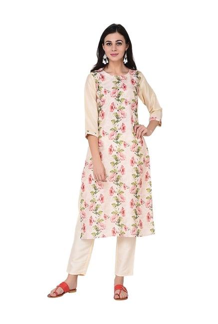 ziyaa beige floral print kurti pant set