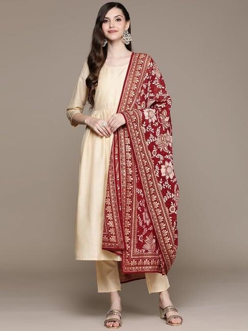 ziyaa beige kurta pant set with dupatta