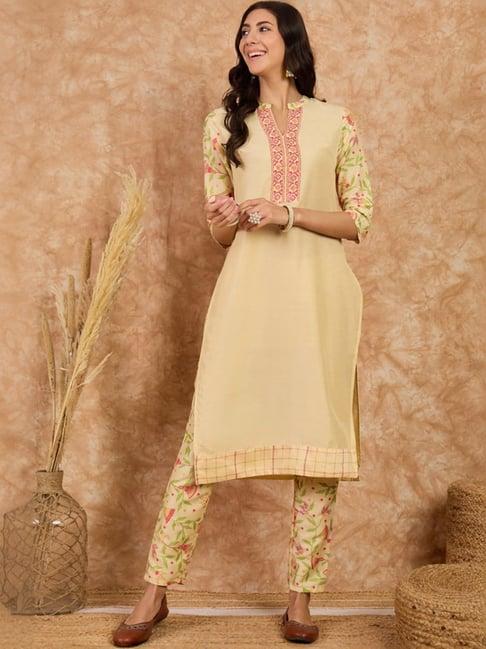 ziyaa beige printed kurta pant set