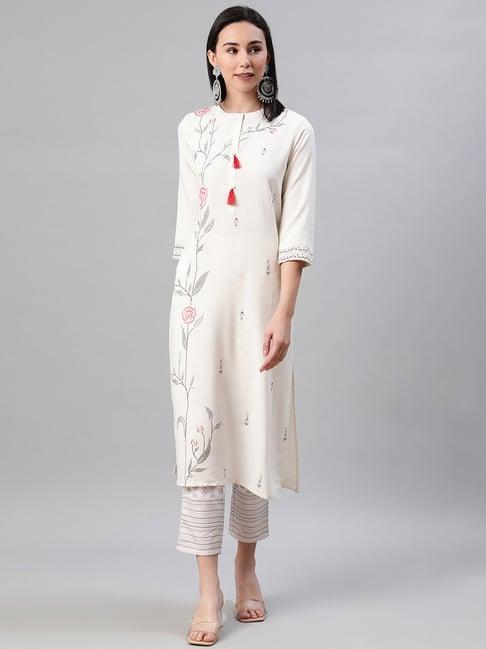 ziyaa beige printed straight kurta