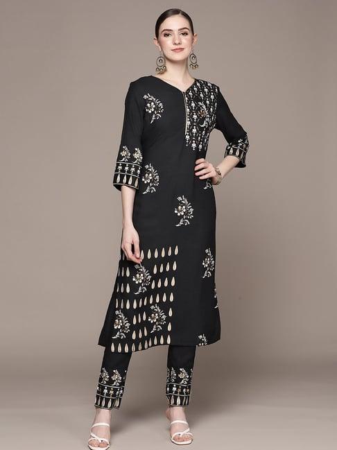 ziyaa black embellished kurta pant set