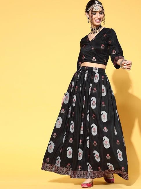 ziyaa black floral print crop top skirt set