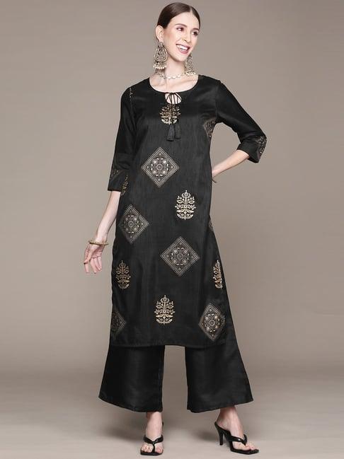 ziyaa black printed kurta palazzo set