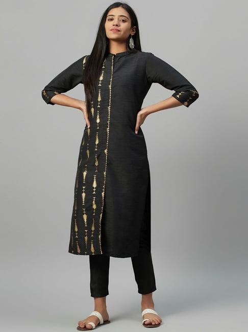 ziyaa black printed kurta pant set