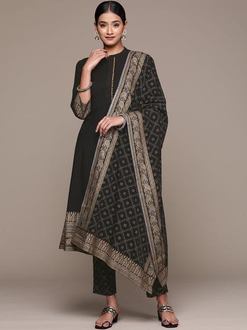 ziyaa black printed kurta with pant & dupatta