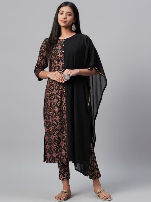 ziyaa black printed straight kurta with dupatta