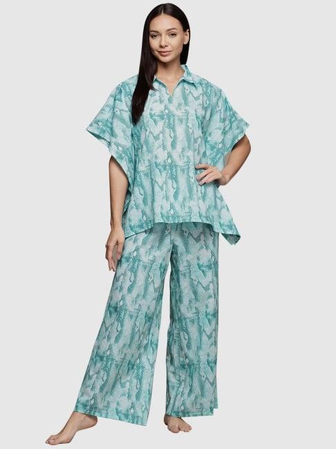 ziyaa blue cotton printed kaftan pyjama set