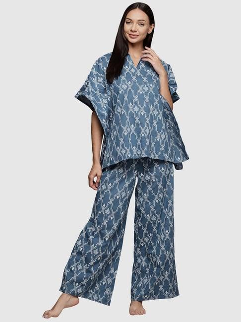 ziyaa blue cotton printed kaftan pyjama set