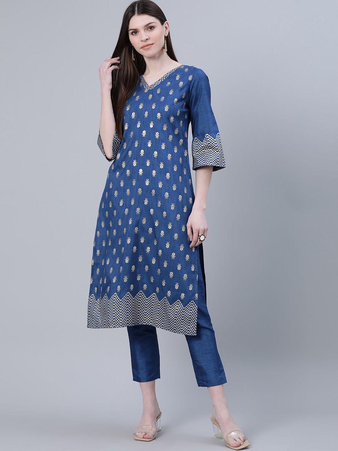 ziyaa blue ethnic motifs foil printed kurta