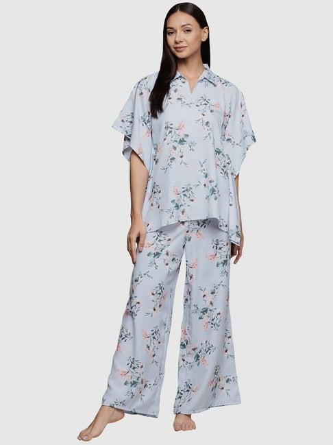 ziyaa blue floral print kaftan pyjama set