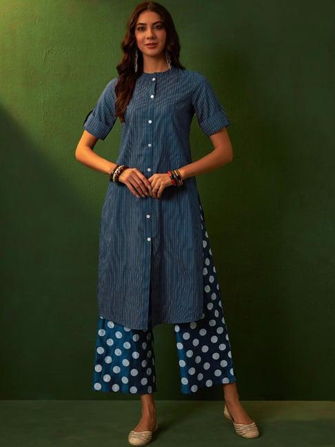 ziyaa blue printed kurta palazzo set