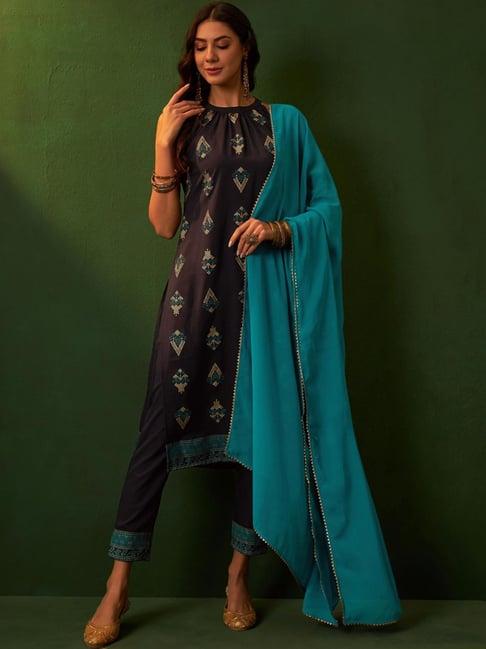 ziyaa blue printed kurta pant set with dupatta