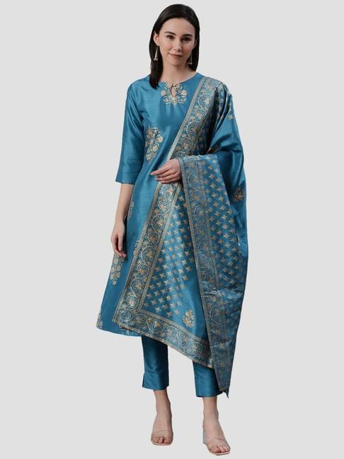 ziyaa blue printed kurta pant set with dupatta
