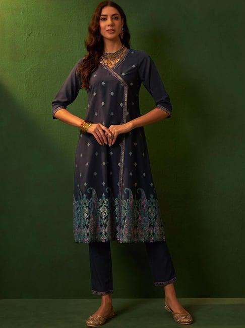 ziyaa blue printed kurta pant set