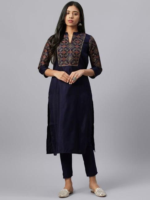 ziyaa blue printed kurta pant set