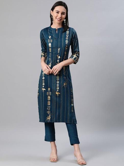 ziyaa blue printed kurta pant set