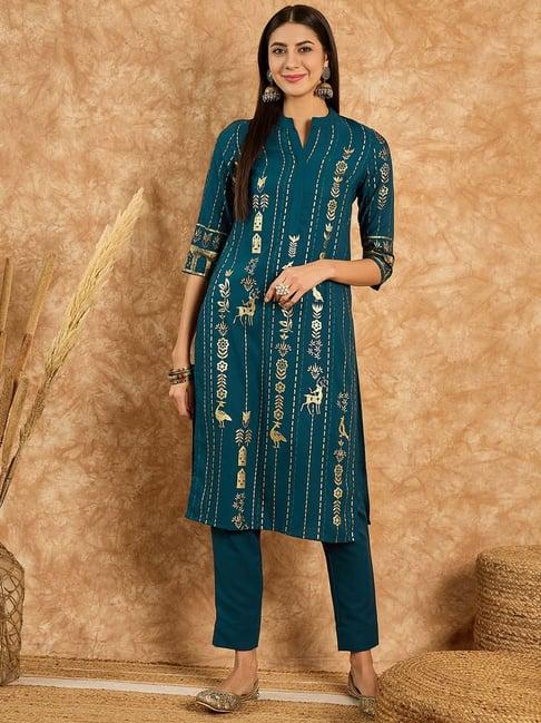 ziyaa blue printed straight kurta