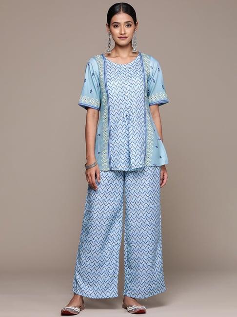 ziyaa blue printed tunic & palazzo set