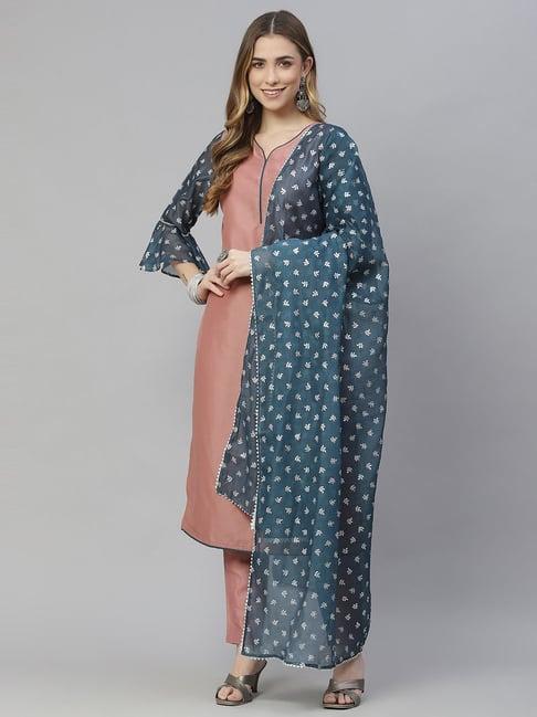 ziyaa brown printed kurta pant set with dupatta