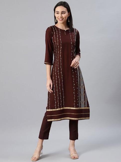 ziyaa brown printed kurta pant set