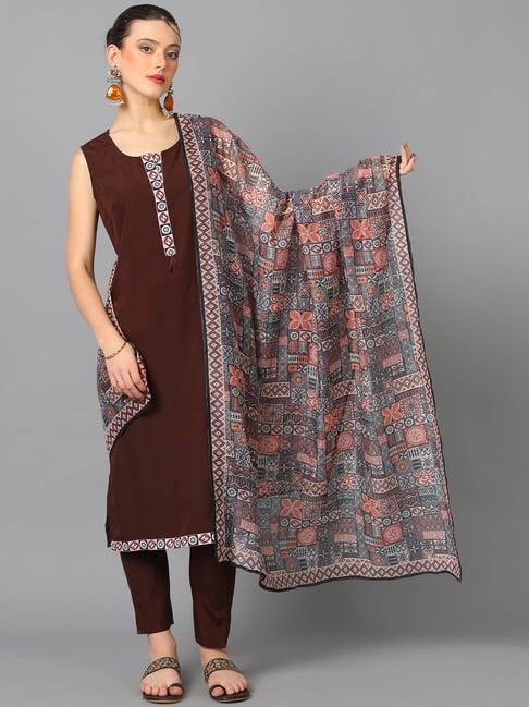 ziyaa brown printed kurta with pant & dupatta