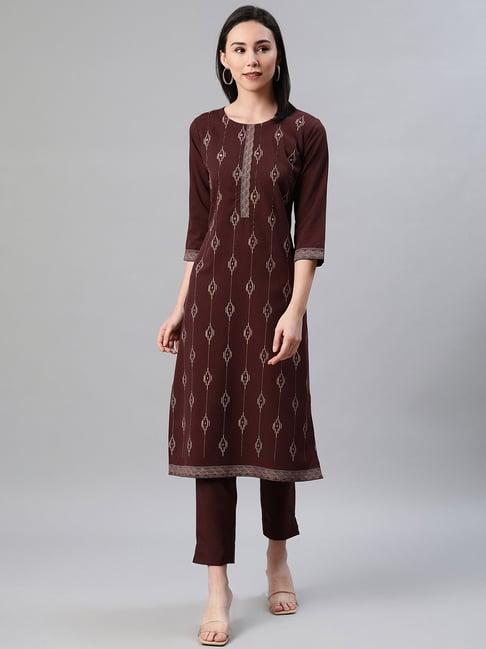 ziyaa brown printed straight kurta