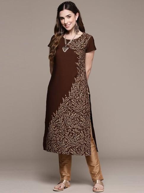 ziyaa brown printed straight kurta