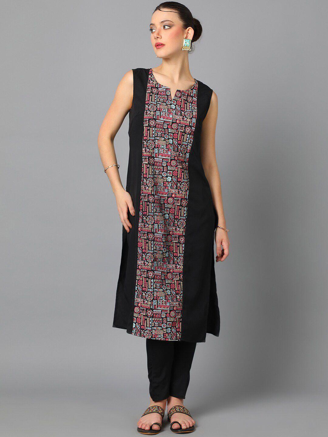 ziyaa coral ethnic motifs printed mandarin collar regular straight kurta with trousers