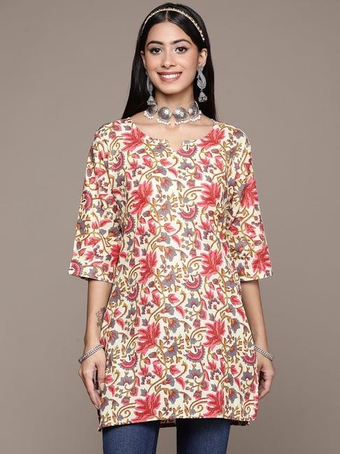 ziyaa cream & red cotton floral print straight kurti