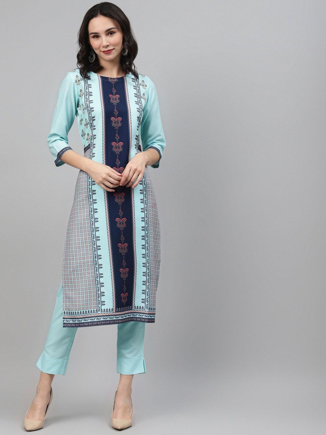 ziyaa ethnic motifs a-line printed kurta with trousers