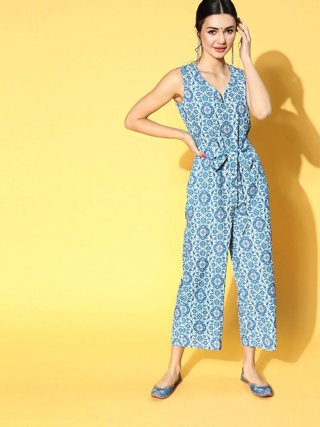 ziyaa ethnic motifs printed sleeveless basic jumpsuit