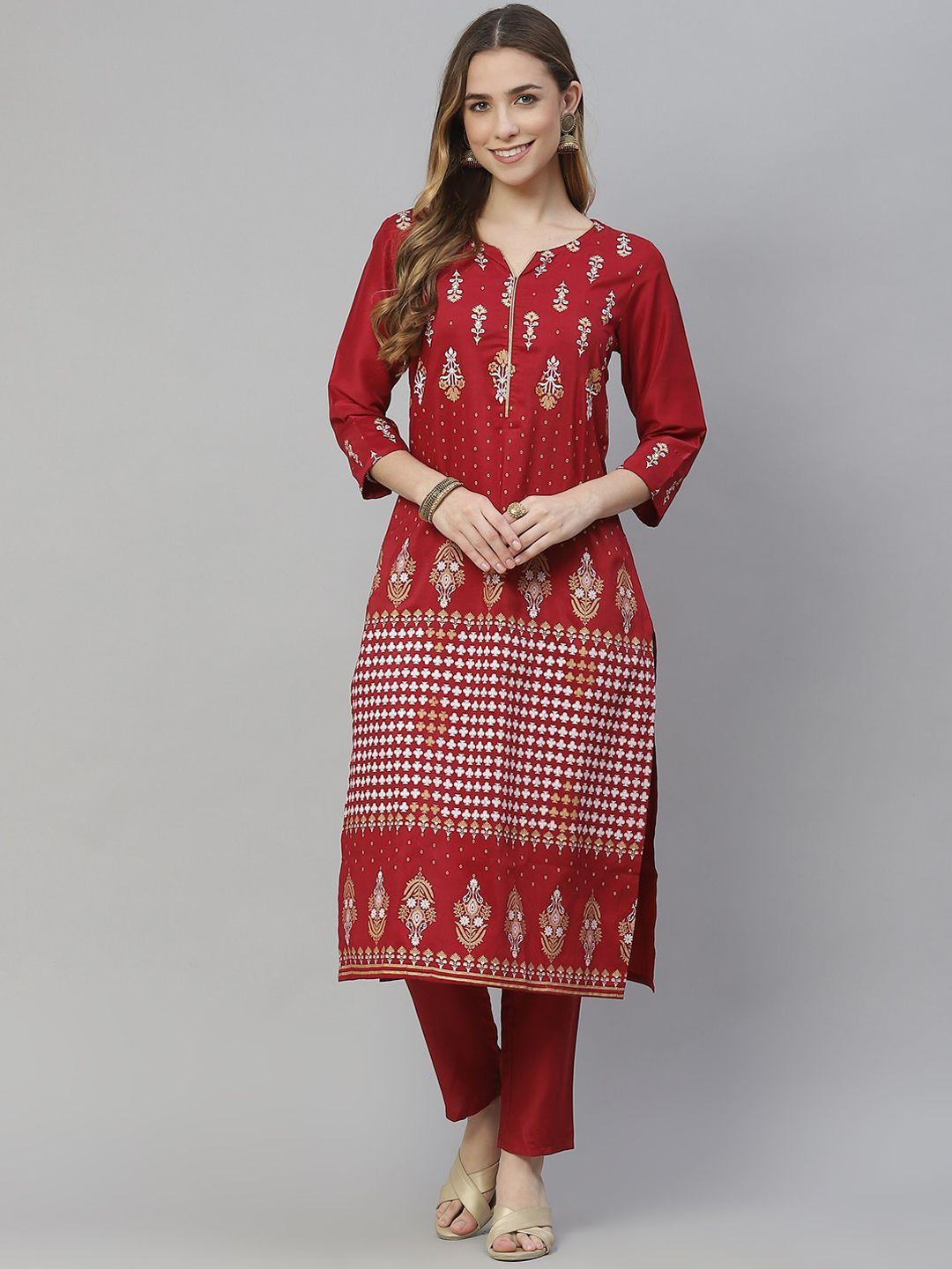 ziyaa ethnic motifs round neck printed kurta with trousers