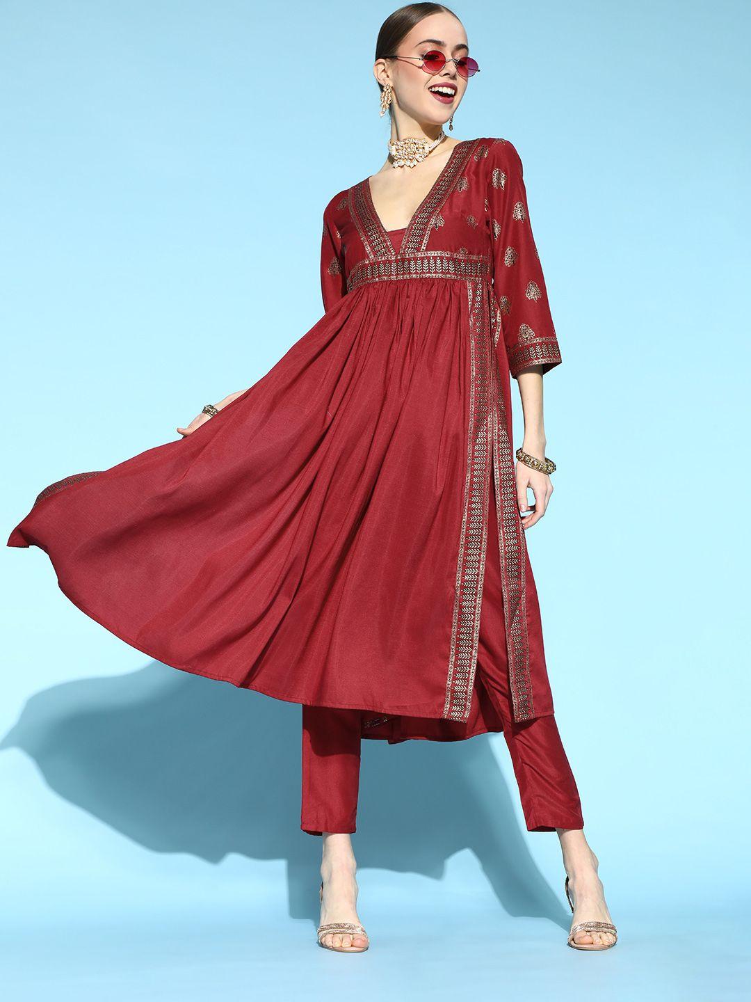 ziyaa floral poly-silk ethnic motifs kurta set