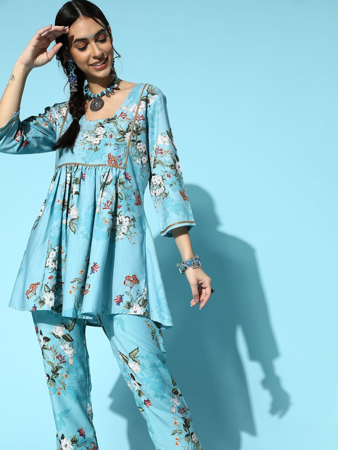 ziyaa floral viscose rayon romantic florals kurta set