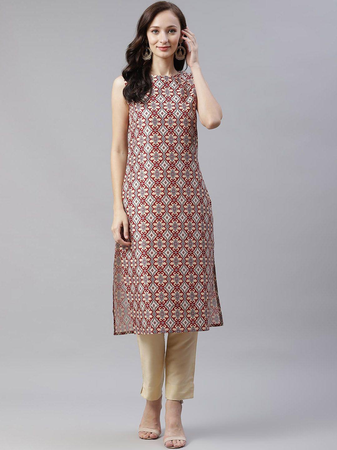 ziyaa geometric printed boat neck straight high slit kurta